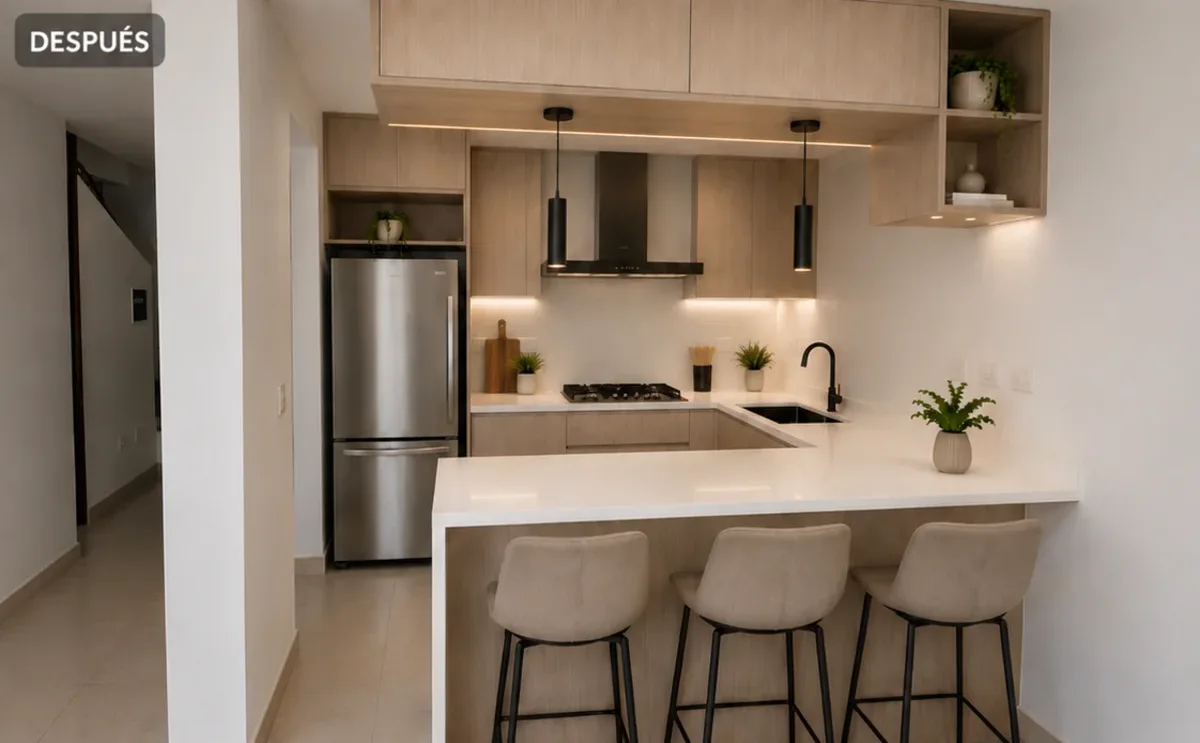 La misma cocina después de la reforma, abierta y con barra