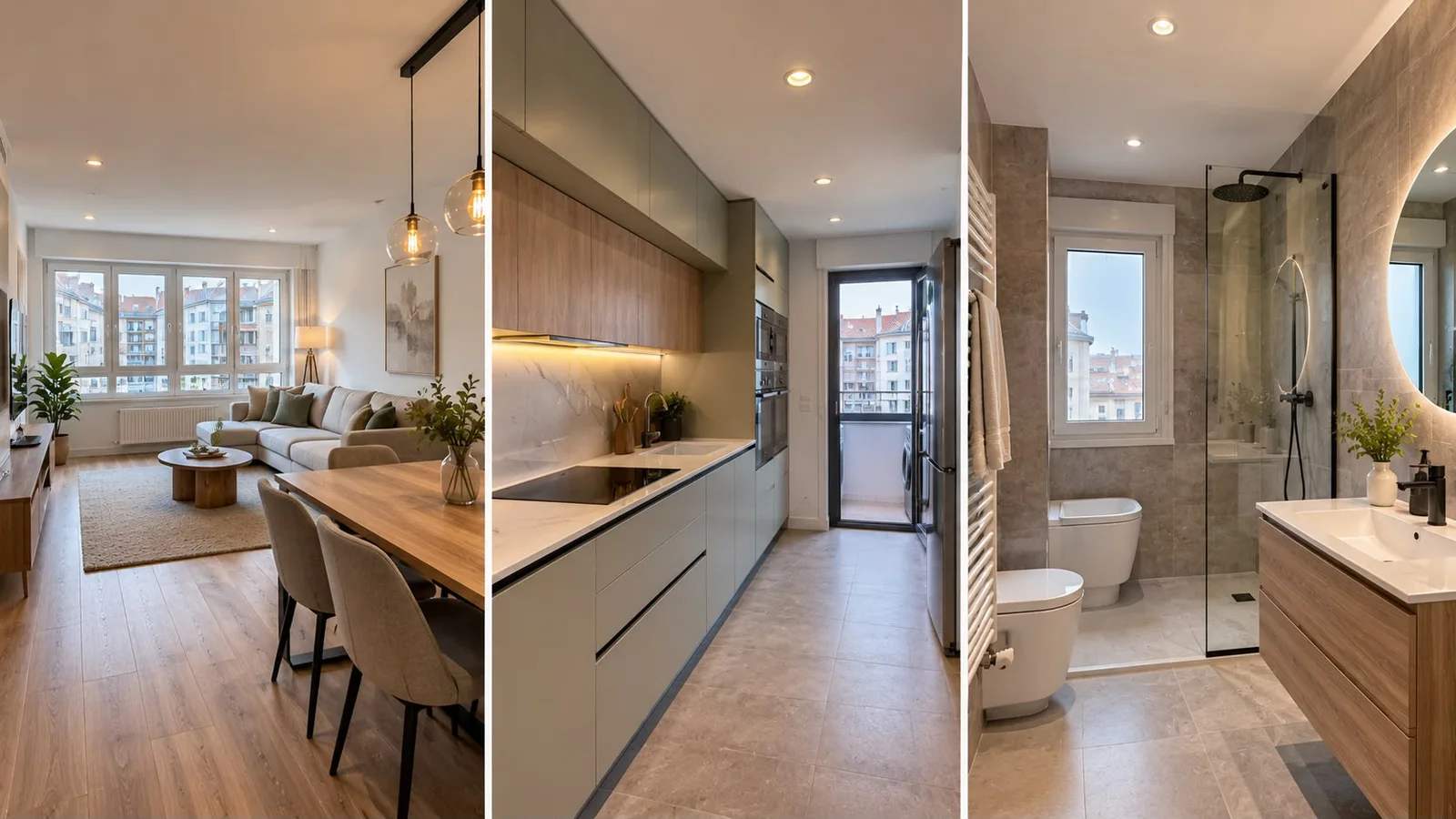 Salón, cocina y baño de un piso reformado íntegramente por Grupo Rehabilar