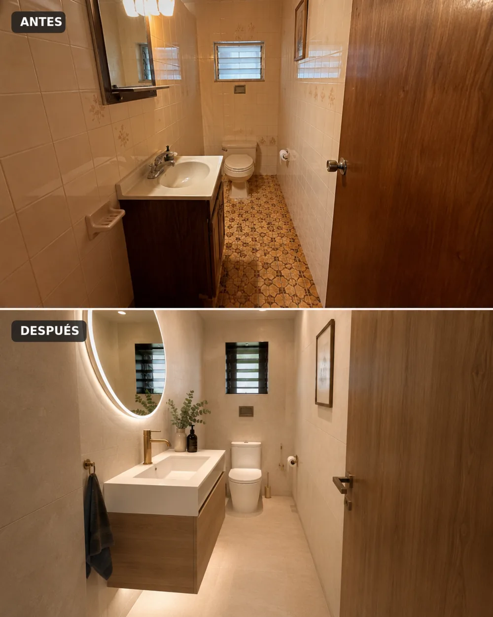 Aseo estrecho con mueble suspendido: antes y después de la reforma