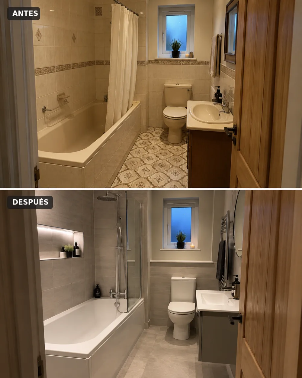 Baño completo con hornacina iluminada: antes y después de la reforma