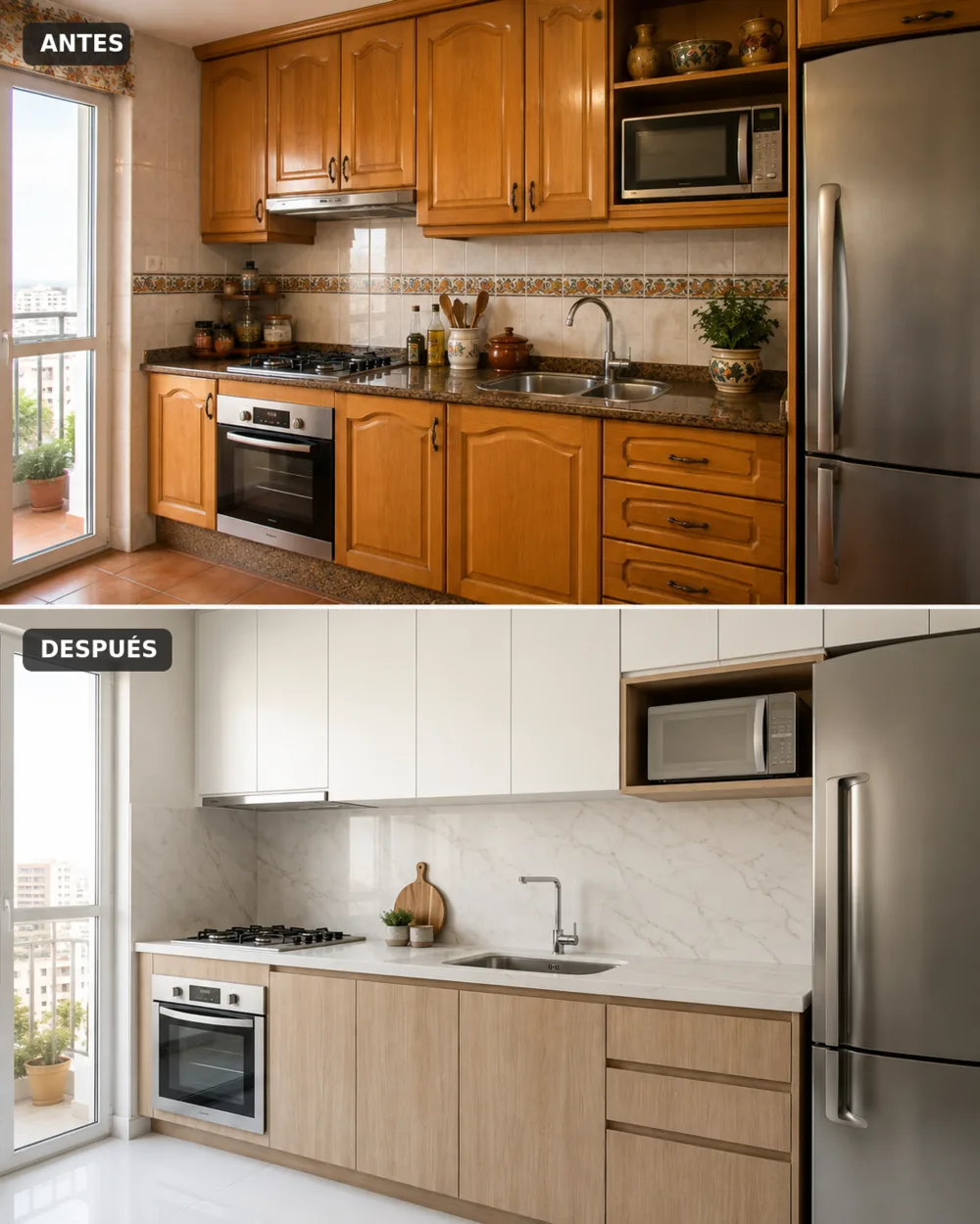 Cocina renovada en blanco y madera: antes y después de la reforma